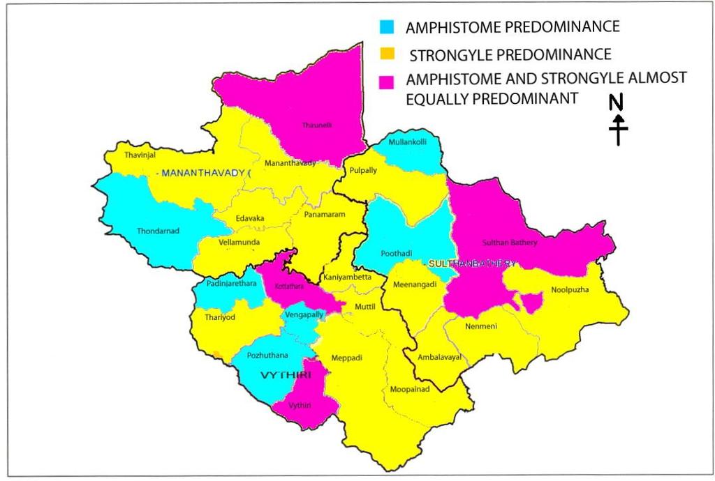 Fig.1 A map on endemicity of different parasitic diseases causing gastroenteritis in cattle of Wayanad district The map showing the endemicity of parasites indicated increased prevalence of