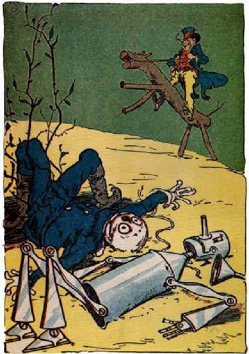 ! While they were in this sad plight the sound of hoofs was heard and along the forest path rode the little Wizard of Oz, seated on a wooden Sawhorse.