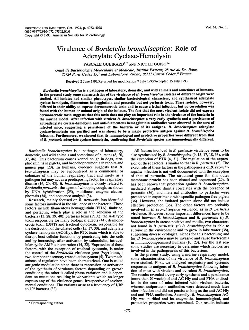 INFEcrION AND IMMUNITY, OCt. 1993, p. 472-478 Vol. 61, No. 1 19-9567/93/1472-7$2.