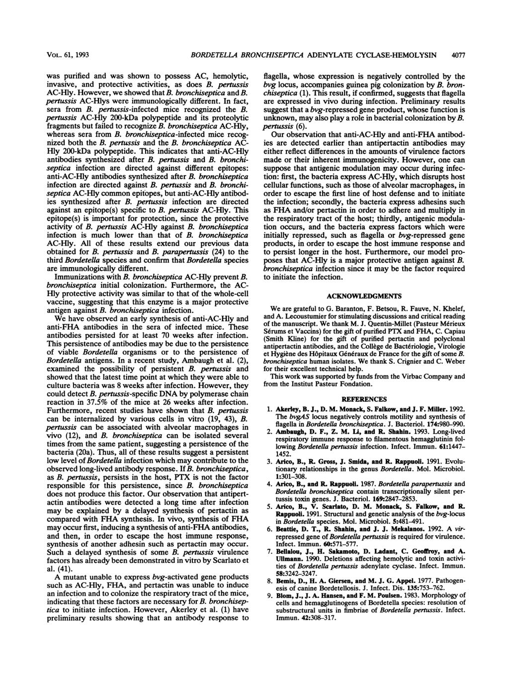 VOL. 61, 1993 BORDETELLA BRONCHISEPTICA ADENYLATE CYCLASE-HEMOLYSIN 477 was purified and was shown to possess AC, hemolytic, invasive, and protective activities, as does B. pertussis AC-Hly.