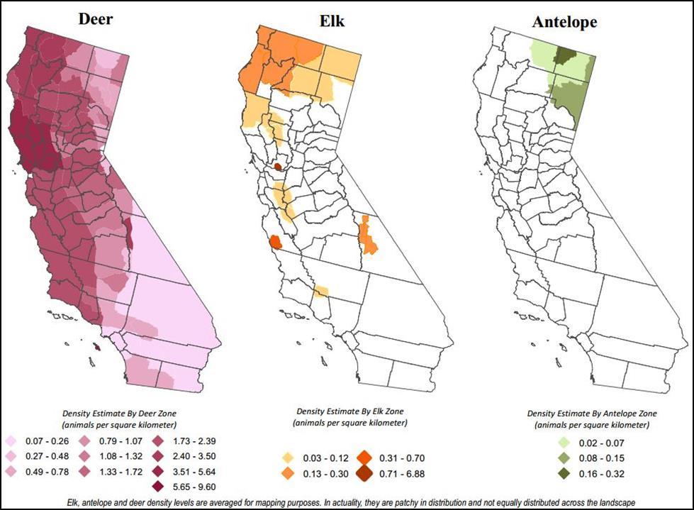 Figure 6.1. Density estimates for deer, elk, and pronghorn antelope by zone in California (see CDFW 2012; 2015a; Appendix C).