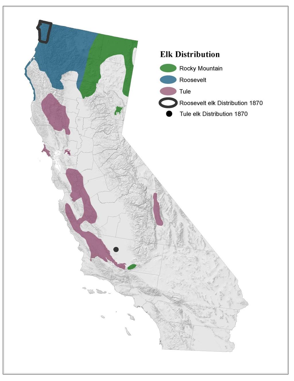 Figure 6.2. Estimated current elk distribution by subspecies within California, 2015.