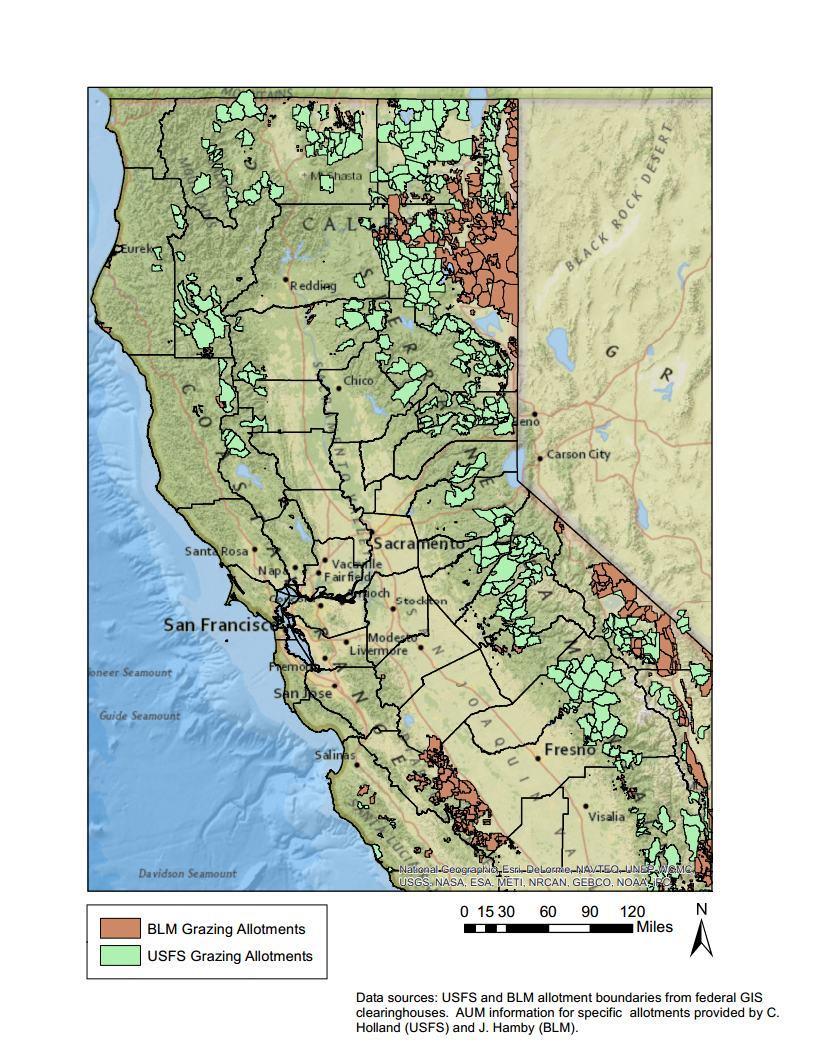 Figure 7.12. Active grazing allotments on USFS and BLM lands in California.