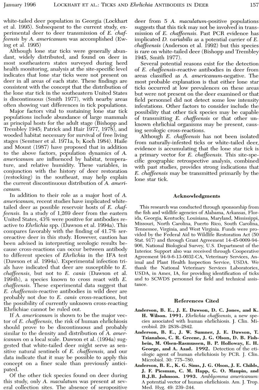 January 1996 LOCKHART ET AL.: TICKS AND Ehrlichia ANTIBODIES IN DEER 157 white-tailed deer population in Georgia (Lockhart et al. 1995).