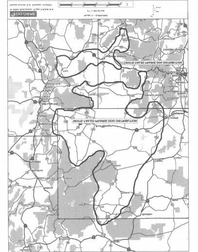 Figure 1. Map of the geographic range distribution for the white-tailed prairie dog. Divide it is restricted to upper drainage basins.