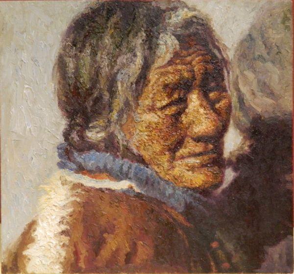 Looking Back Liang Jun Yan This painting shows an old woman, looking backwards with a resentful smile, or a frown and closed eyes as if she were crying.