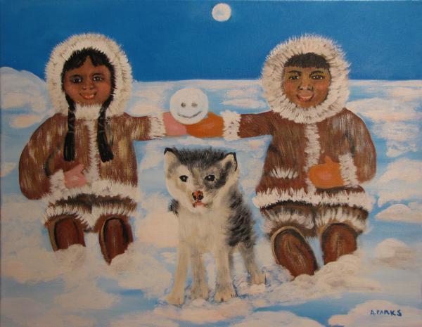 Happy Eskimo's - Aleta Parks The painting shows two eskimos and a wolf inbetween. It symbolizes Julie s relationship with her husband, Daniel, who she had met when she was in elementary school.