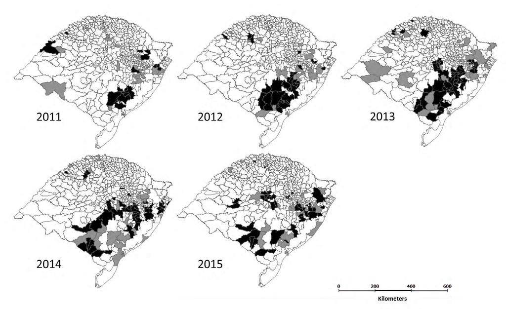Figure 3. Annual spatial distribution of laboratory diagnosis of rabies cases carried out in the Laboratory of Virology, IPVDF, between 2011 and 2015.
