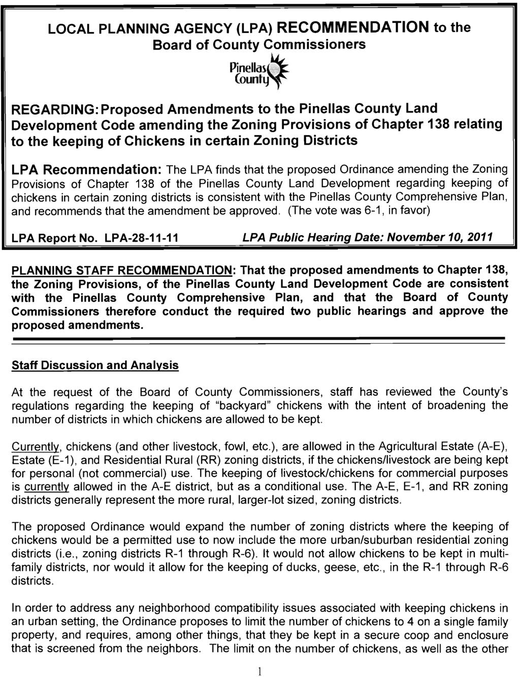 LOCAL PLANNING AGENCY (LPA) RECOMMENDATION to the Board of County Commissioners ~:~~ REGARDING: Proposed Amendments to the Pinellas County Land Development Code amending the Zoning Provisions of