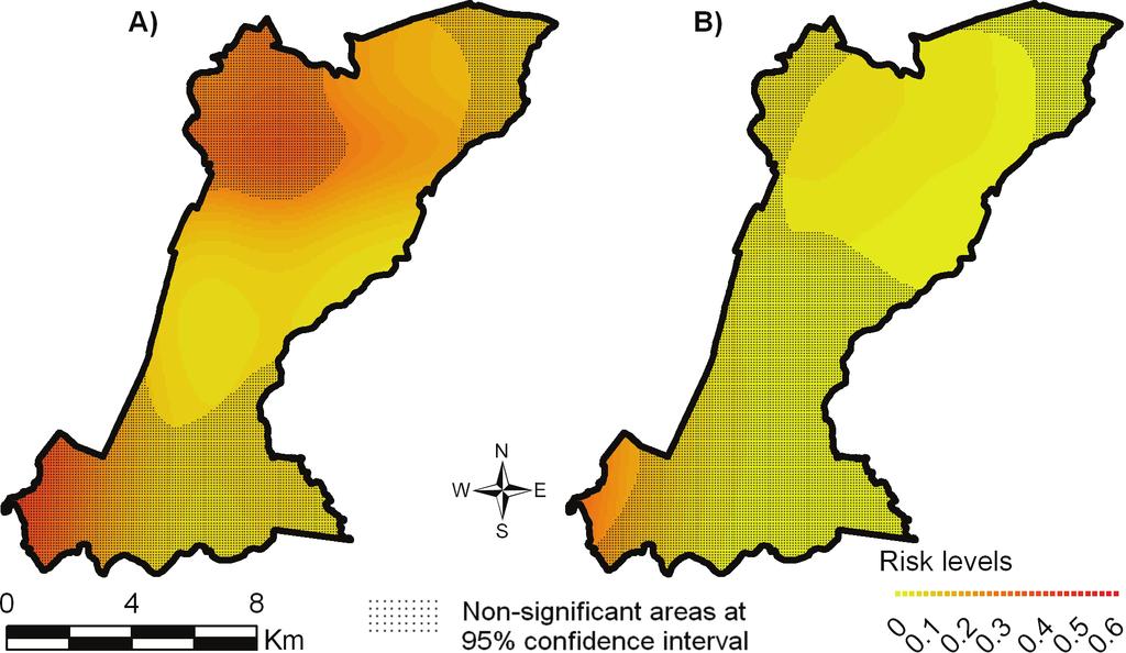Page 9 of 10 Figure 3 Adjusted spatial distribution of dengue fever risk obtained through the multiple multinomial model, Campinas, SP, 2007. Response: severe cases, mild cases, and controls.