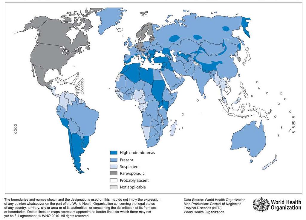 10 Current Topics in Echinococcosis Figure 3. Distribution of Echinococcus granulosus and cystic echinococcosis (hydatidosis), 2009 (2010) [50]. mate geographical distribution of E.
