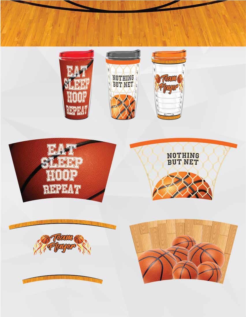 Basketball Arts shown are available in all drinkware sizes: 12oz, 12oz Coffee Mug, 16oz, 22oz, 26 oz, and 22 oz Tritan Bowl.