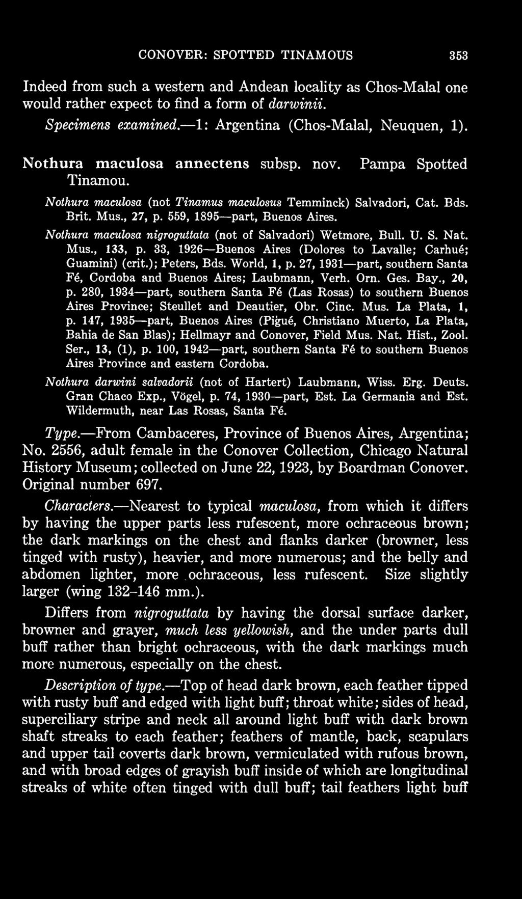 280, 1934 part, southern Santa F6 (Las Rosas) to southern Buenos Aires Province; Steullet and Deautier, Obr. Cine. Mus. La Plata, 1, p.