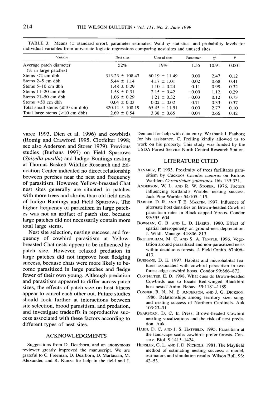 214 THE WILSON BULLETIN l Vol. 111, No. 2, June 1999 TABLE 3.
