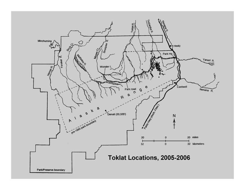 11 Figure 8. Prior to the early 2005 trapping-hunting deaths of the experienced adults, the Toklat family maintained a relatively large territory.