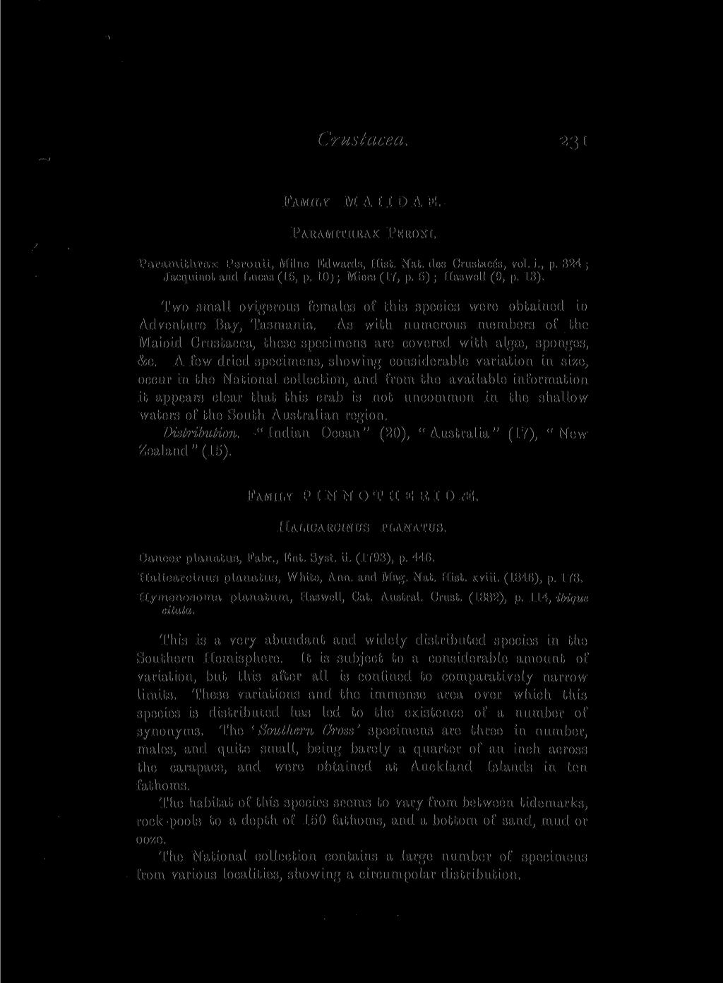 Crustacea. 231 FAMILY M A11D A E. PARAMITIIRAX PERONI. Paramithrax Peronii, Milne Edwards, Hist. Nat. des Crustacea, vol. i., p. 324; Jacquinot and Lucas (15, p. IOJ ; Miers (17, p.