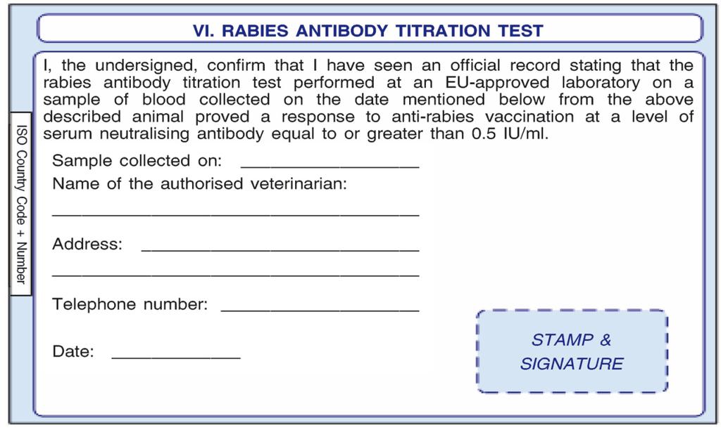 Rabies Serological Test Pets travelling to unlisted third countries and returning to the EU must have a blood sample taken at least 30 days after