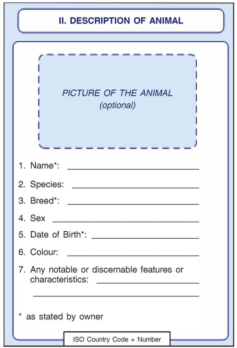 Description of animal This page remains unchanged. Pet passports can only be issued to domestic dogs, cats and ferrets.