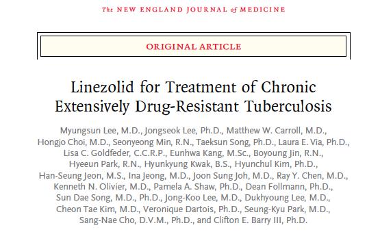 Linezolid Added as Single Drug to Chronic MDR TB Culture Conversion Linezolid 600 mg daily added as only change in regimen at study start or after 4 months Lee NEJM Oct 2012 34 (89%) of 38 patients