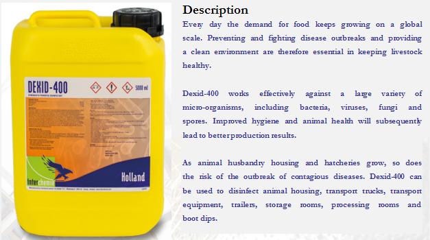 Dexid-400 Synergistic combination Dexid-400 is a concentrated broad spectrum disinfectant for surfaces and equipment.