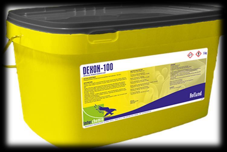 Dexon-100 Dexon-100 is a highly Effective and Multiple Purpose Virucidal Disinfectant Composition Contains: Pentapotassiumbis (peroxymonosulphate) bis(sulphate) 35-55 % Description An effective