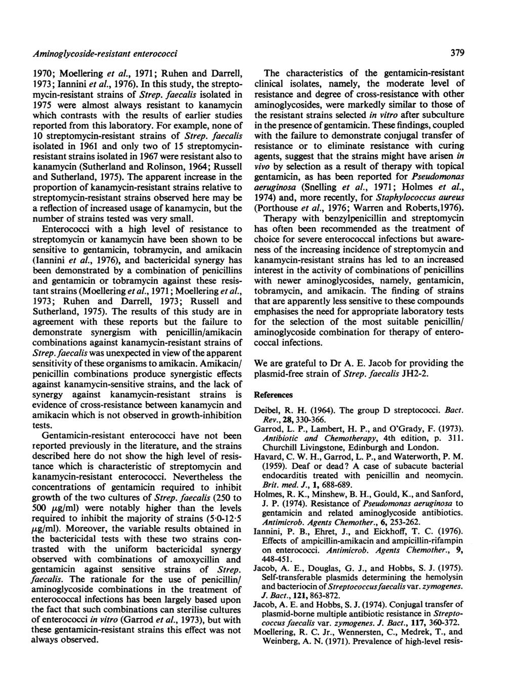 Aminoglycoside-resistant enterococci 1970; Moellering et al., 1971; Ruhen and Darrell, 1973; lannini et al., 1976). In this study, the streptomycin-resistant strains of Strep.