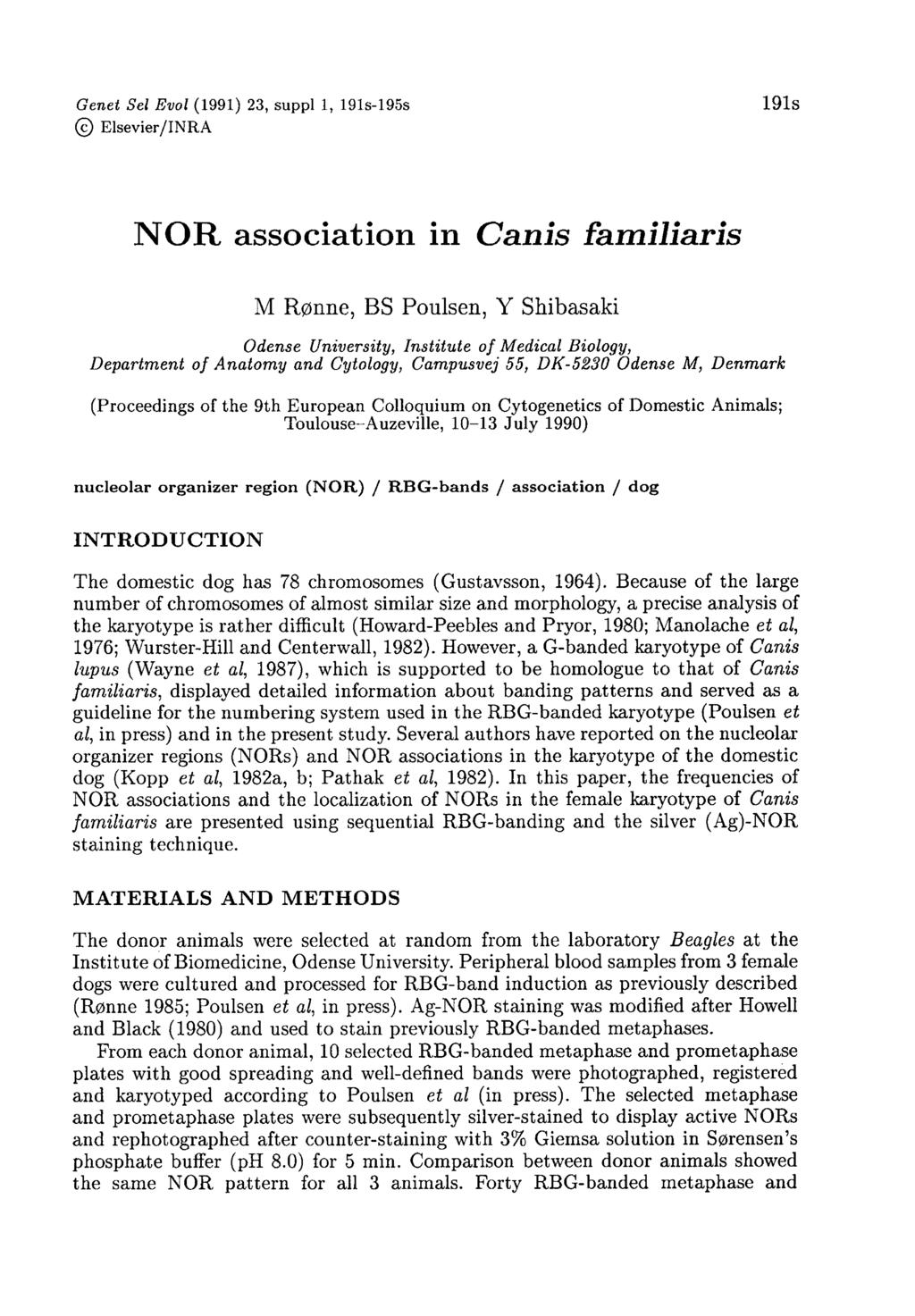 NOR association in Canis familiaris M Rønne, BS Poulsen, Y Shibasaki Odense University, Institute of Medical Biology, Department of Anatomy and Cytology, Campusvej 55, DK-5230 Odense M, Denmark