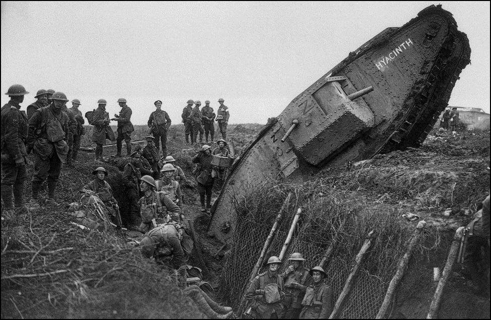 G An early tank in a ditch, 1916 H Graves fought