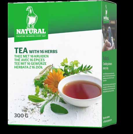 Natural Tea with 16 herbs A blend of 16 herbs Extensive research has led to the conclusion that Natural Tea facilitates the conditioning of pigeons in a wholly natural manner during the racing season.