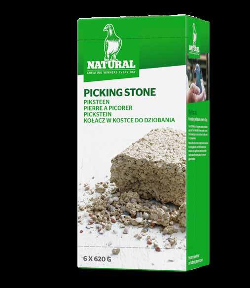 Natural Picking Stone does not contain any appetite stimulating substances and meets a natural habit of the pigeon. The pigeons will only pick on it when they really feel a need, e.g. during the breeding season, after a race or during the moulting season.