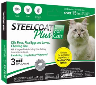 First Companion SteelCoat Plus topicals for dogs and cats eliminates fleas, flea eggs, ticks and lice.