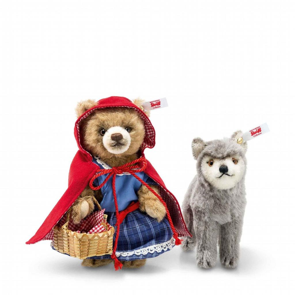 FAIRY TALE WORLD LITTLE RED RIDING HOOD AND THE WOLF made of high quality alpaca russet/grey 5-way jointed, head and arms are loosely attached to the body, surface washable limited editon of 750