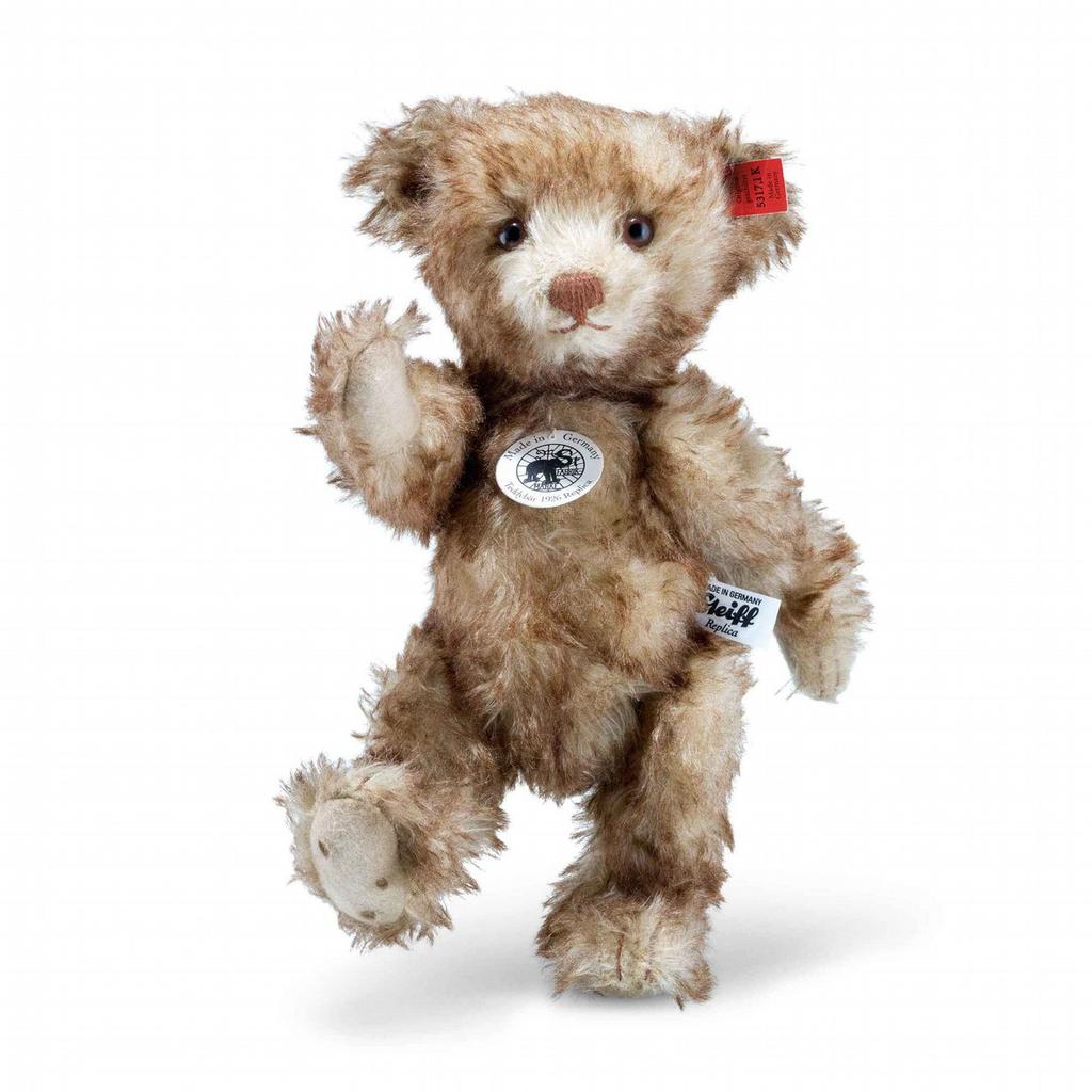 TEDDY BEAR "LITTLE HAPPY" REPLICA 1926 with squeaker brown tipped 5-way jointed, surface washable with glass eyes limited edition of 926 pieces stuffed with wood shavings with "underscored button"