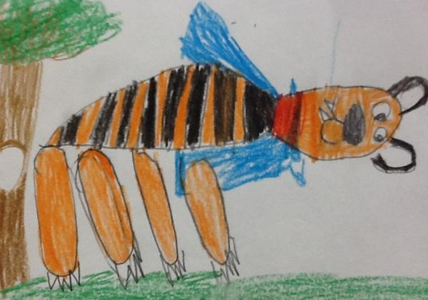 This is wonderdog--half tiger and zebra. It is fierce and it lives in the rainforest.