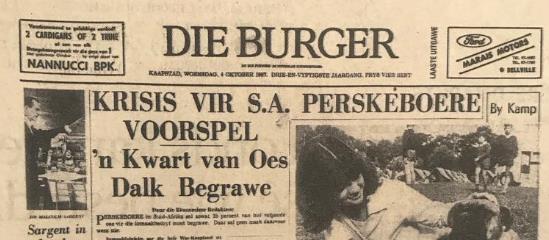 50 JAAR GELEDE 4 OKTOBER 1967 Perskeboere in Suid-Afirka sal sowat 25 persent van hul volgende oes vir die inmaakbedryf moet begrawe. Daar sal geen mark daarvoor wees nie.