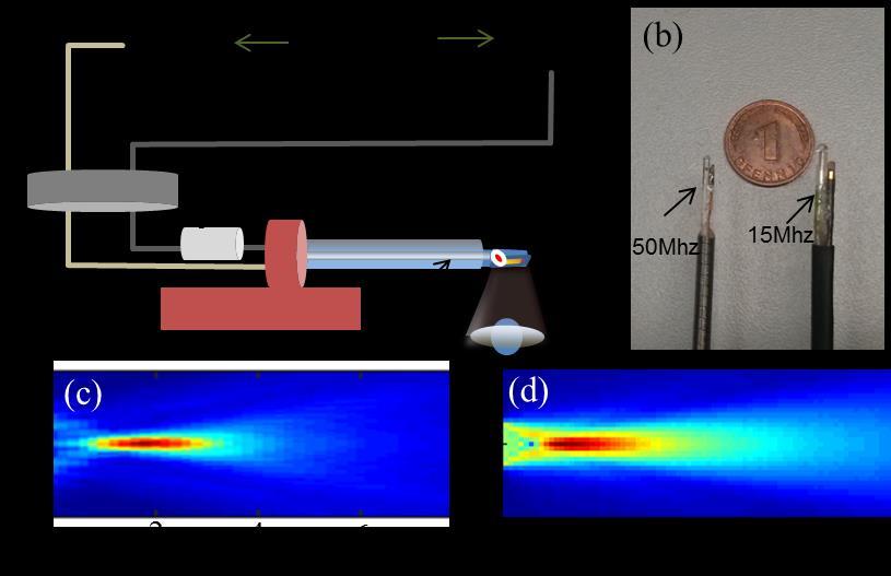 5.2 Simulations and experimental measurement 75 Fig. 5.1. Schematic of the optoacoustic endoscopy system and simulated sensitivity fields of both transducers.