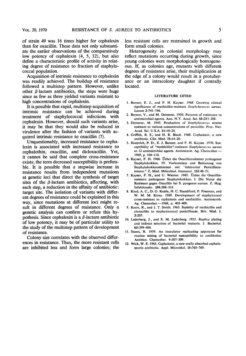 VOL. 20, 1970 RESSTANCE OF S. AUREUS TO ANTBOTCS of strain 49 was 16 times higher for cephalexin than for oxacillin.