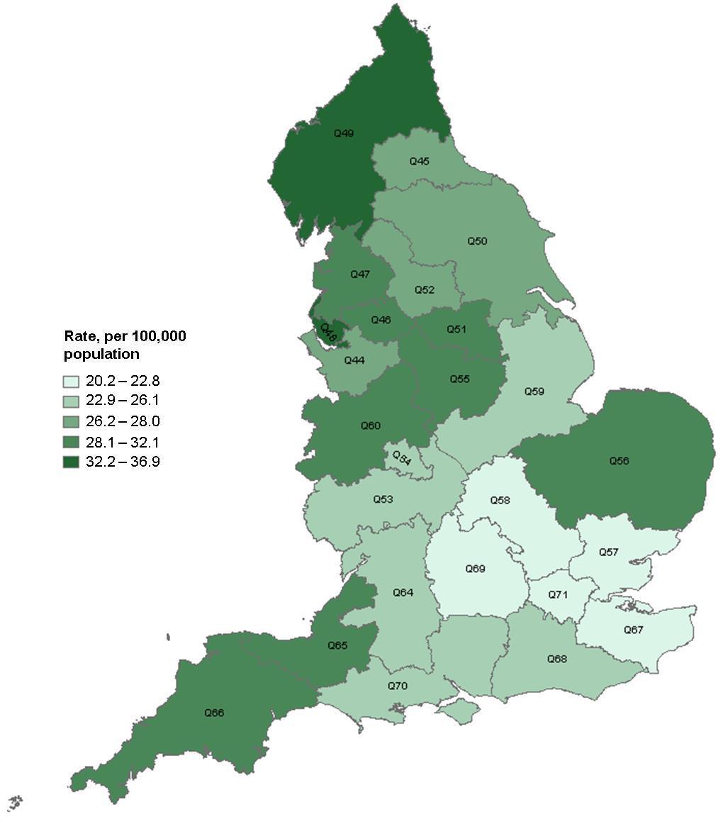 Patient Harm prevent and reduce C. difficile infection rates per 100,000 population by NHS England Area Team*, 2014/15 CDI rates are rising in 2015 for first time - worry E.