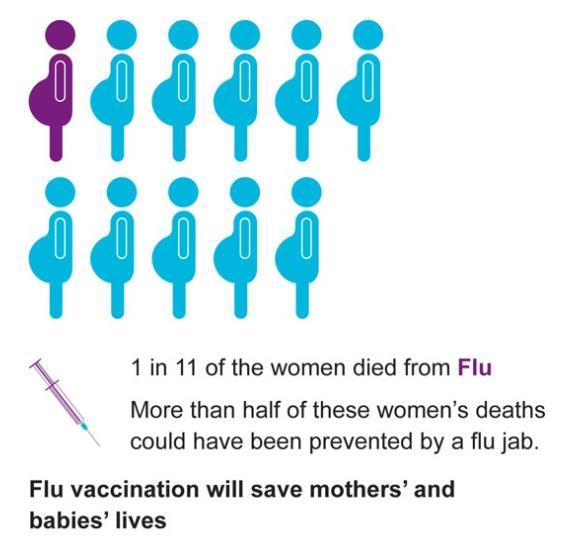 Maternal deaths from influenza 2009-12, 36 pregnant women died from influenza (43% all deaths from infection)