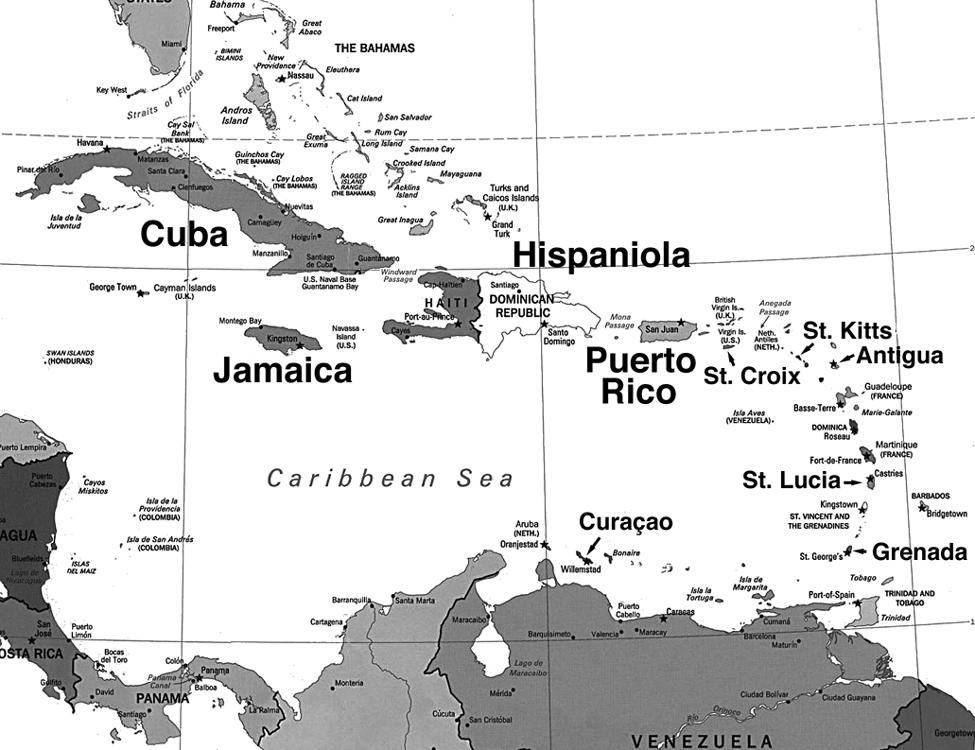 Map of the Caribbean islands,