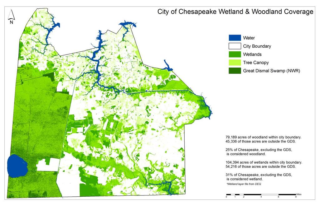 The City of Chesapeake is unique because it has over 104,000 acres of wetlands within its