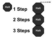 HALT - 1, 2 and 3 Steps - While heeling, the handler halts and the dog sits in heel position.