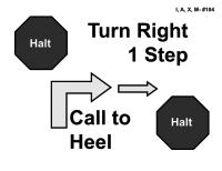HALT Turn Right One Step Call to Heel HALT While heeling, the handler halts and the dog sits.