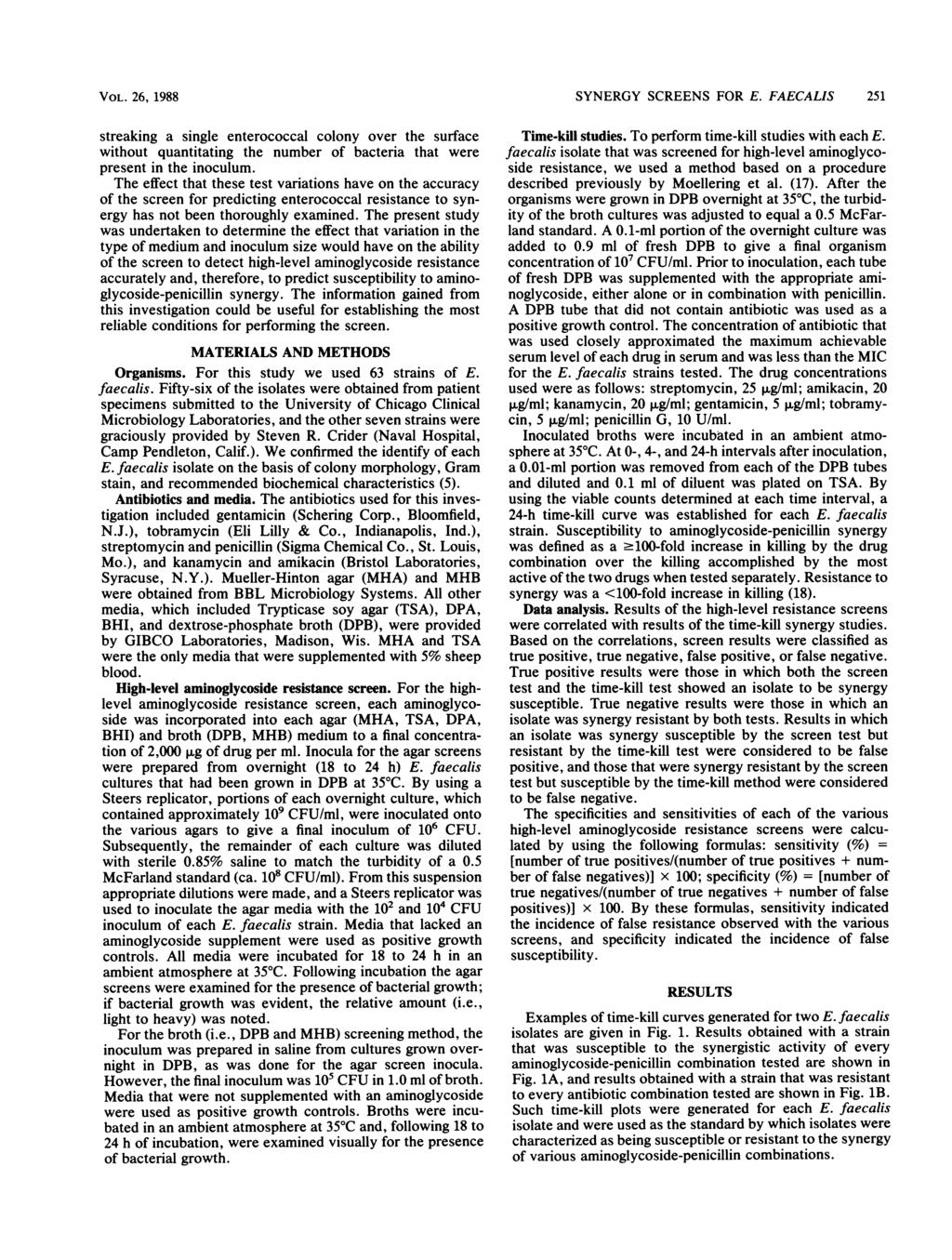 VOL. 26, 1988 streaking a single entercccal clny ver the surface withut quantitating the number f bacteria that were present in the inculum.