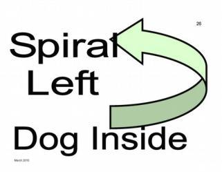 Spiral Right - Dog Outside This exercise is performed around a set of three cones set in a straight line 5 feet apart. The team completely loops the all three cones in a clockwise direction.