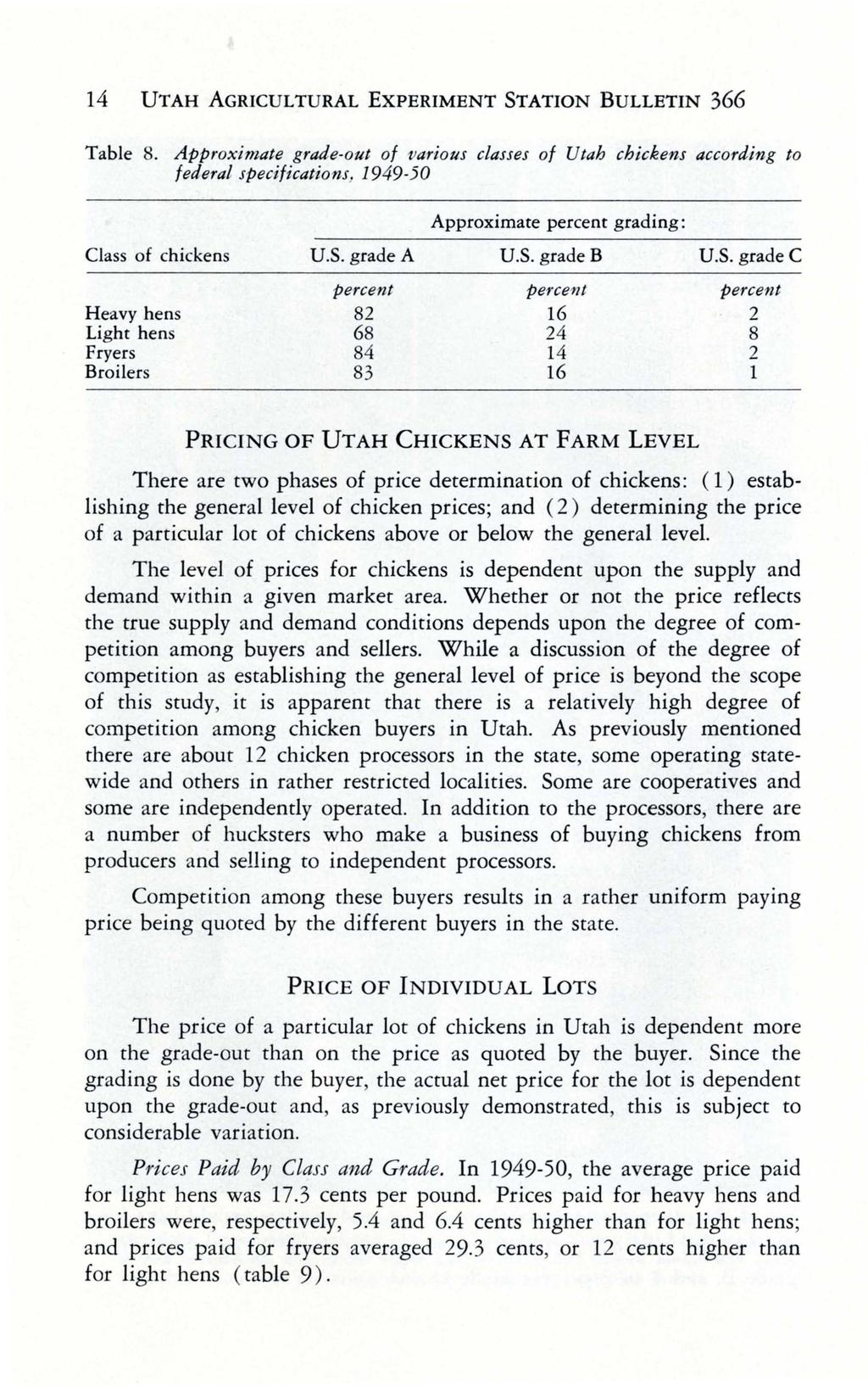 14 UTAH AGRICULTURAL EXPERIMENT STATION BULLETIN 366 Table 8. Approximate grade-out of va'rious classes of Utah chickens according to federal specifications, 1949-50 Class of chickens U.S. grade A Approximate grading: u.