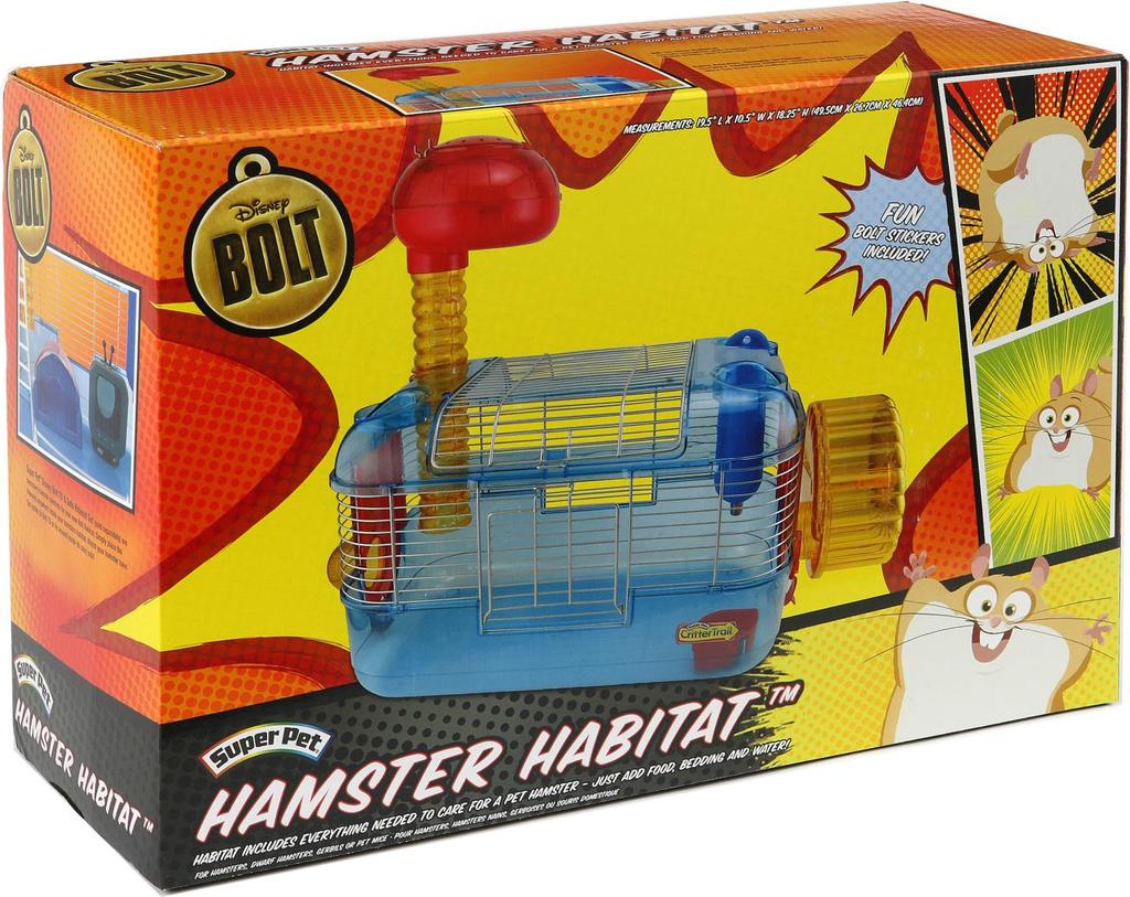 Front BOLT HAMSTER HABITAT Front Panel: HAMSTER HABITAT Includes everything needed to care for a pet hamster just add food, bedding and water! Fun Bolt Stickers Included!
