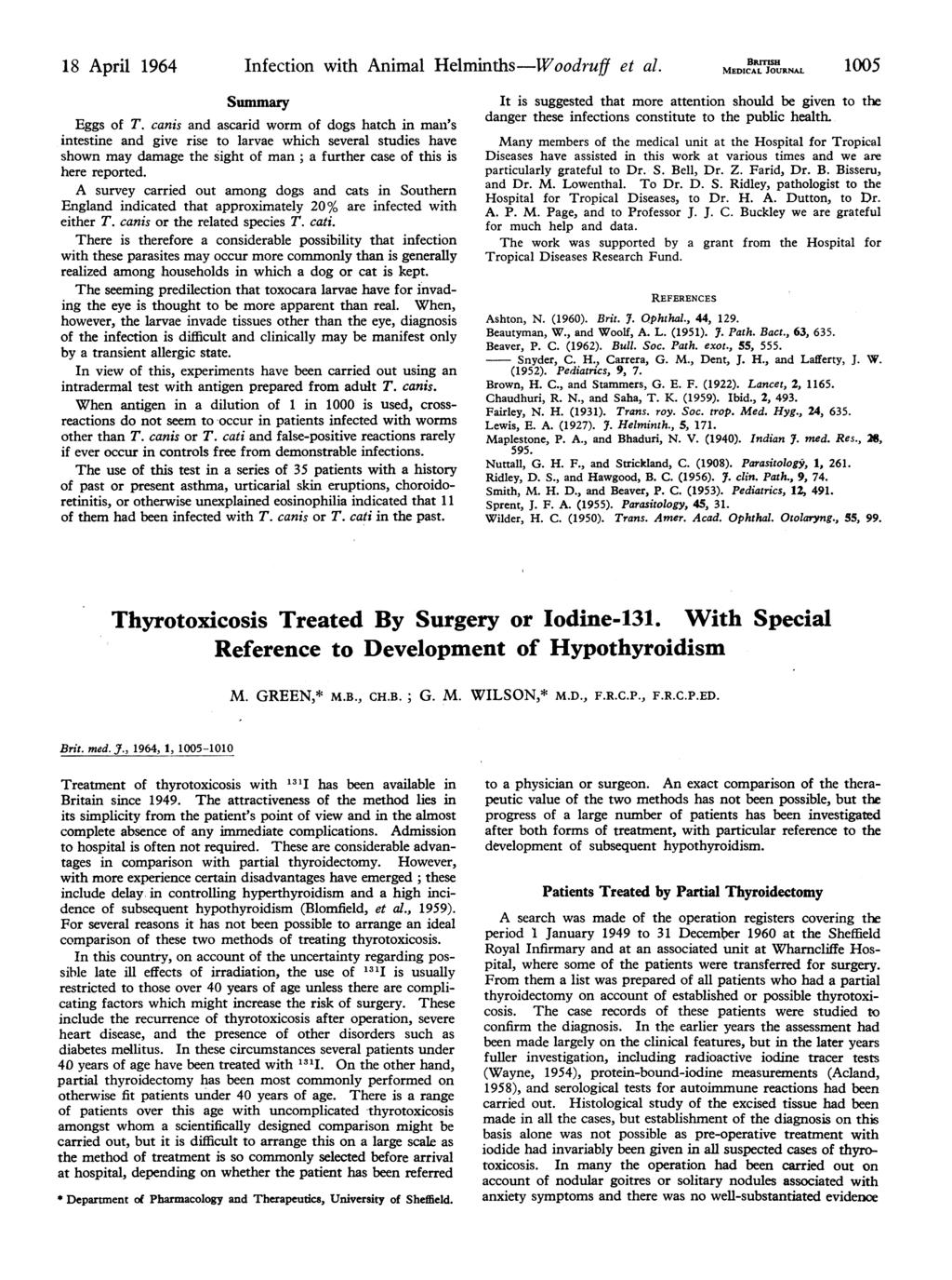18 April 1964 Infection with Animal Helminths-Woodruff et al. EDIB[mH 1005 Summary Eggs of T.
