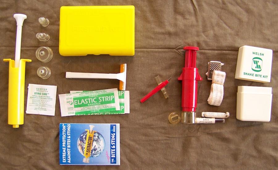 Snake Bite Kit Caution! Dangerous Snake Bite Kit with Razors, Suction Devices! DO NOT USE SNAKE BITE KITS. Image from ArizonaBushman.com who also recommends against using these scam kits.