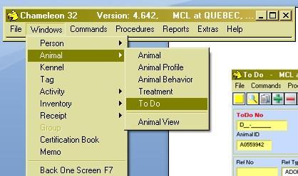 In Chameleon go to windows, then animal, then To Do Enter the Animal ID number.